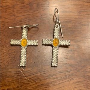 Silver Cross Drop Earrings with Amber Accent